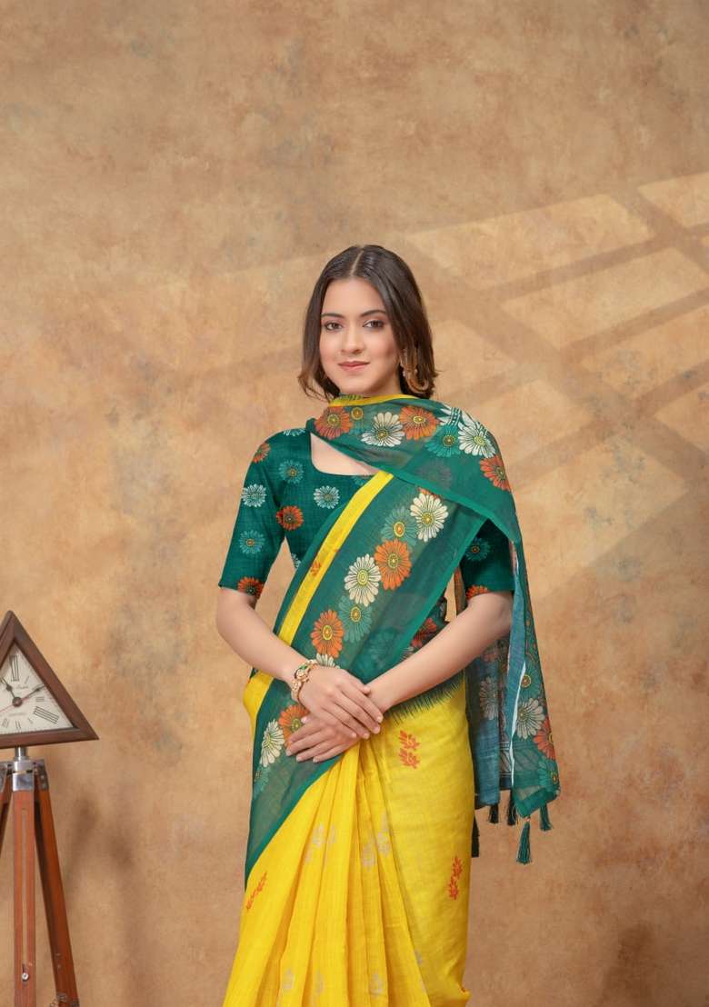 Yellow Zari Work Silk Blend Saree Set for Diwali and Festive Wear - Indya