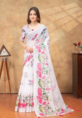 White Zari Work Silk Blend Saree Set