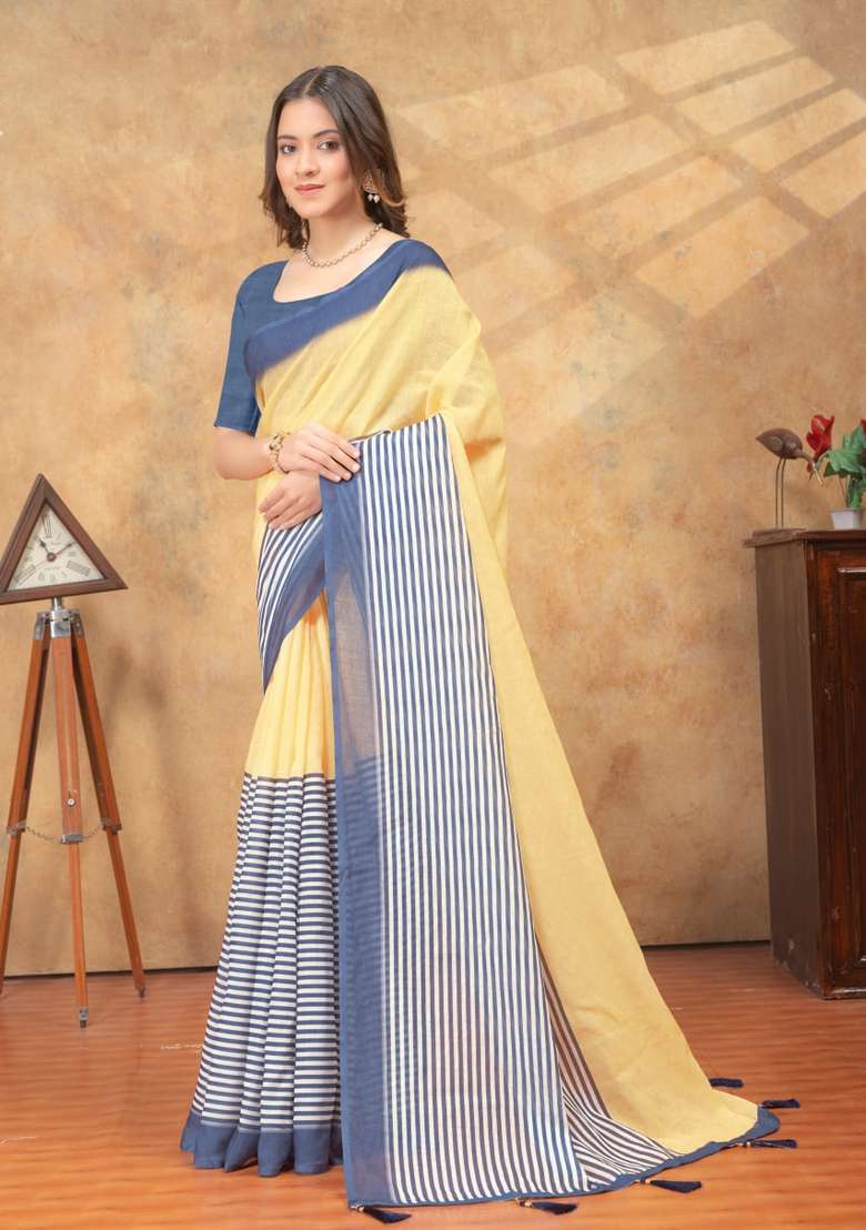 Cream Zari Work Silk Blend Saree Set for Diwali and Festive Wear - Indya