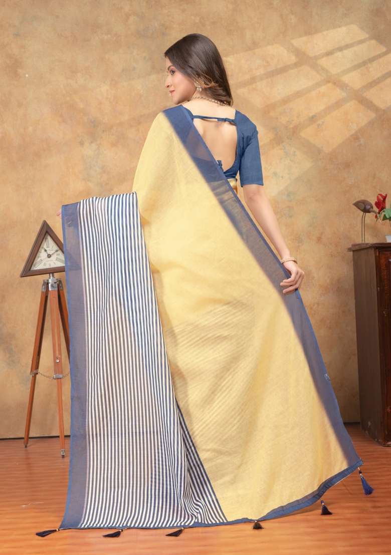 Cream Zari Work Silk Blend Saree Set for Diwali and Festive Wear - Indya