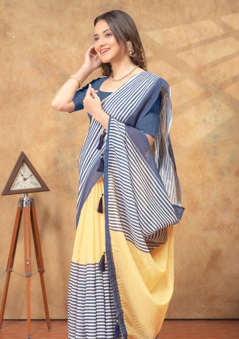 Cream Zari Work Silk Blend Saree Set for Diwali and Festive Wear - Indya