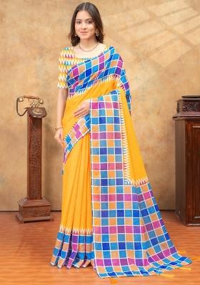 Yellow Zari Work Silk Blend Saree Set