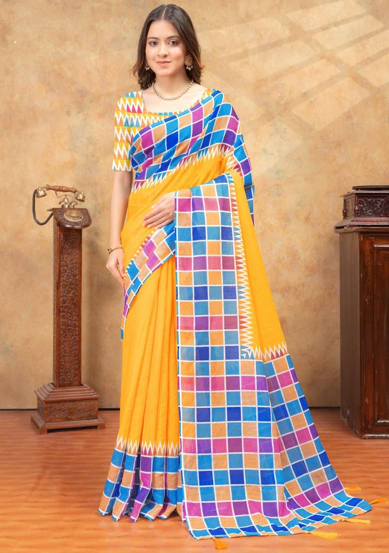 Yellow Zari Work Silk Blend Saree Set for Diwali and Festive Wear - Indya