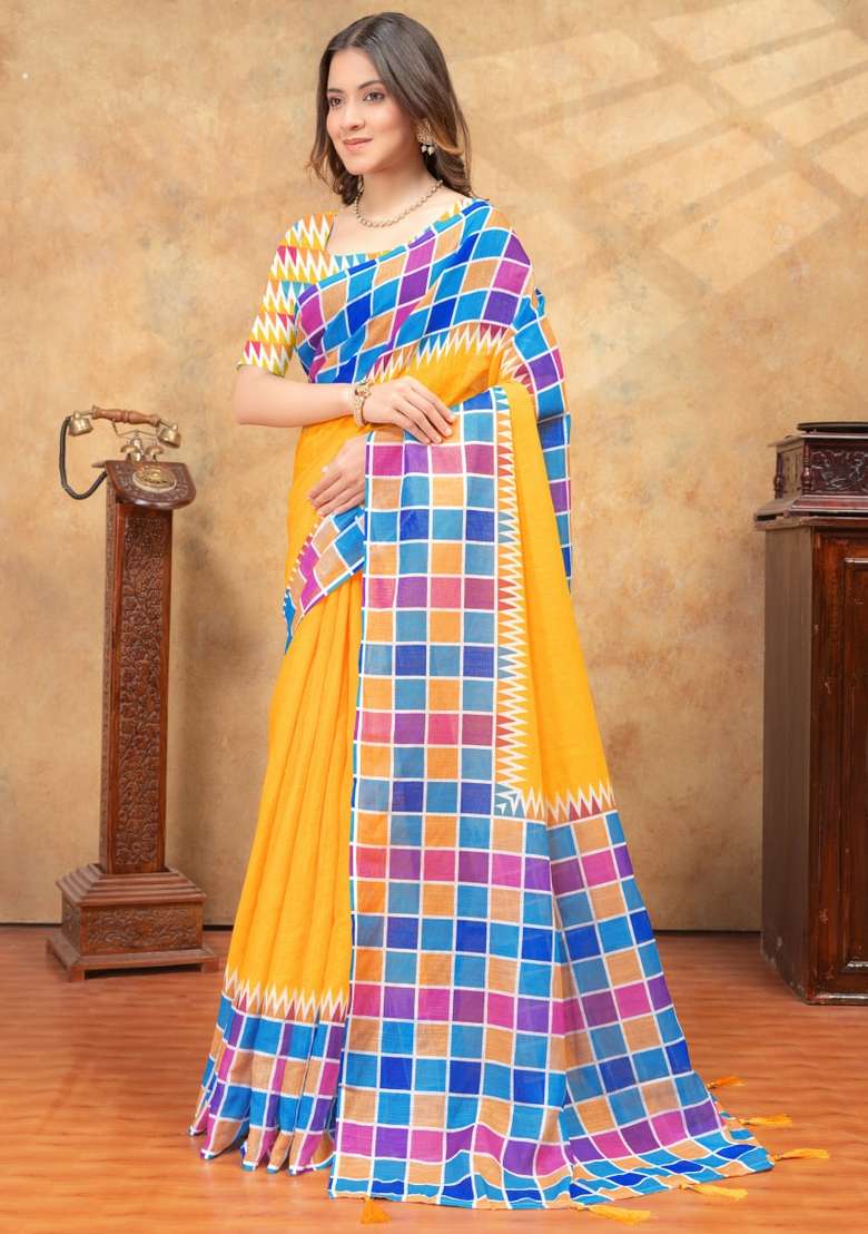 Yellow Zari Work Silk Blend Saree Set for Diwali and Festive Wear - Indya