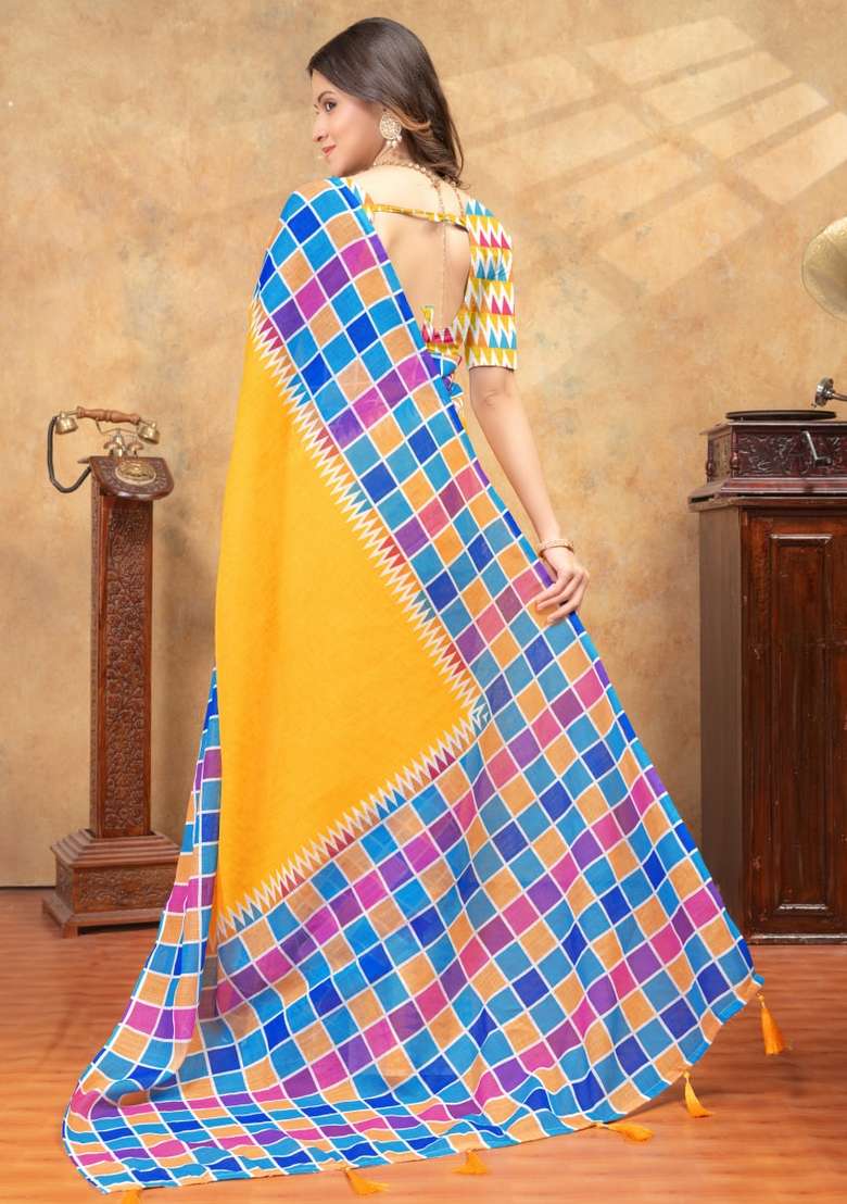Yellow Zari Work Silk Blend Saree Set for Diwali and Festive Wear - Indya