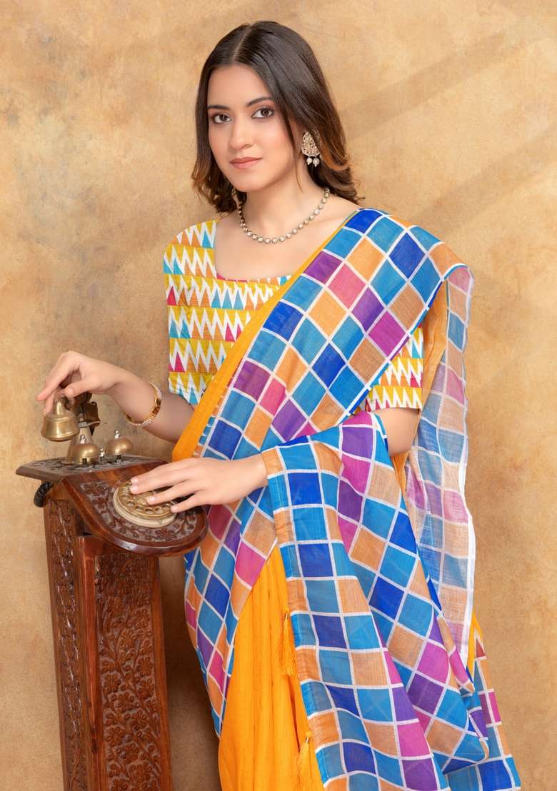 Yellow Zari Work Silk Blend Saree Set for Diwali and Festive Wear - Indya