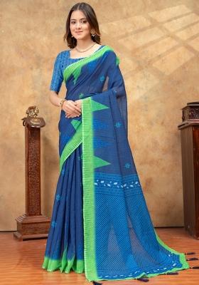 Teal Zari Work Silk Blend Saree Set