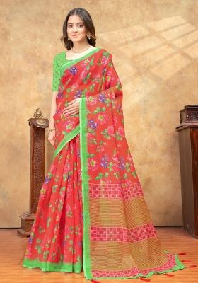 Orange Zari Work Silk Blend Saree Set