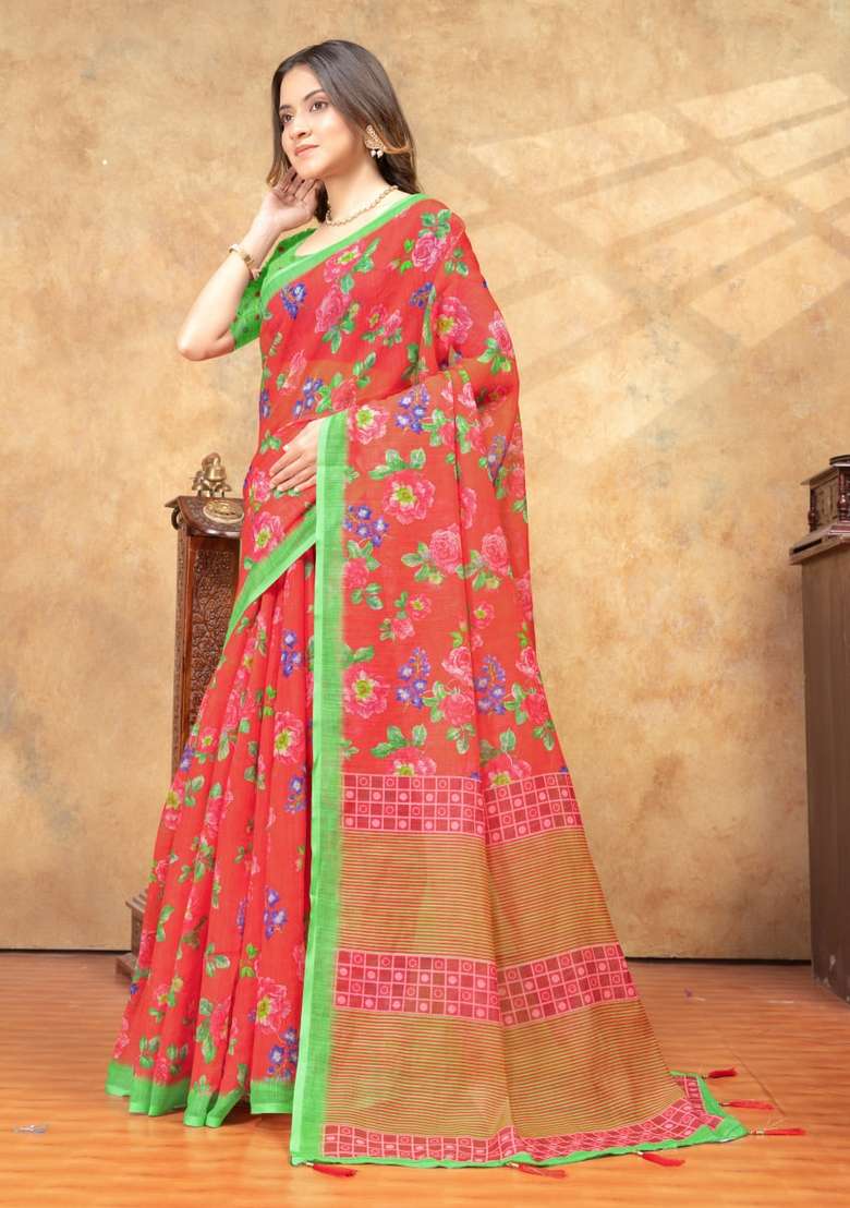 Orange Silk Blend Saree Set with Zari Work for Diwali | Wedding & Festive Wear - Indya