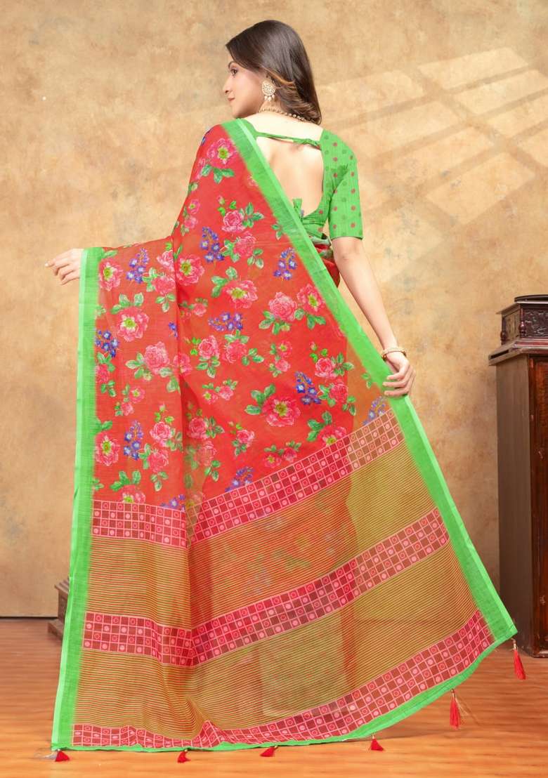 Orange Silk Blend Saree Set with Zari Work for Diwali | Wedding & Festive Wear - Indya