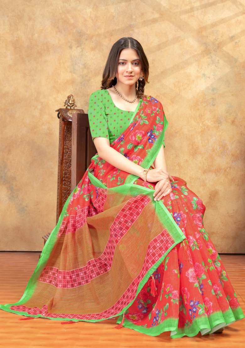 Orange Silk Blend Saree Set with Zari Work for Diwali | Wedding & Festive Wear - Indya