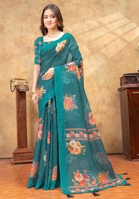 Teal Zari Work Silk Blend Saree Set