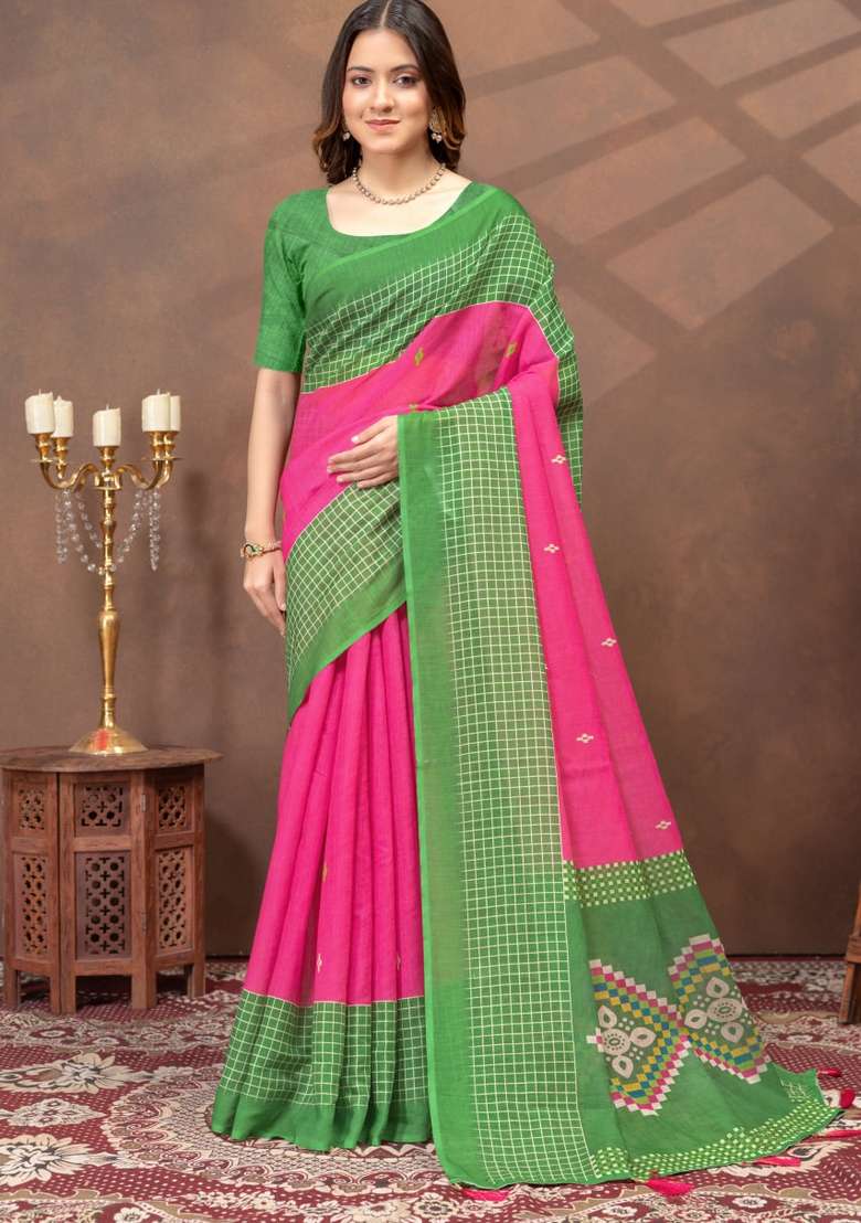 Pink Zari Work Silk Blend Saree Set for Diwali and Festive Wear - Indya
