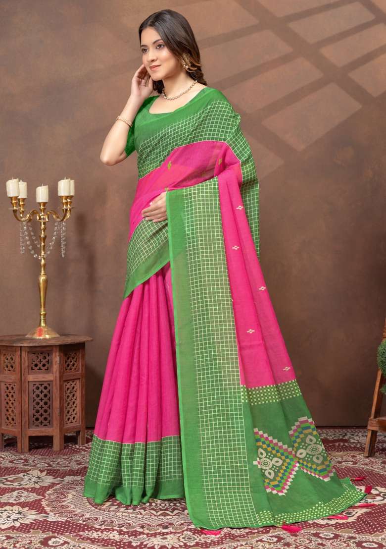 Pink Zari Work Silk Blend Saree Set for Diwali and Festive Wear - Indya