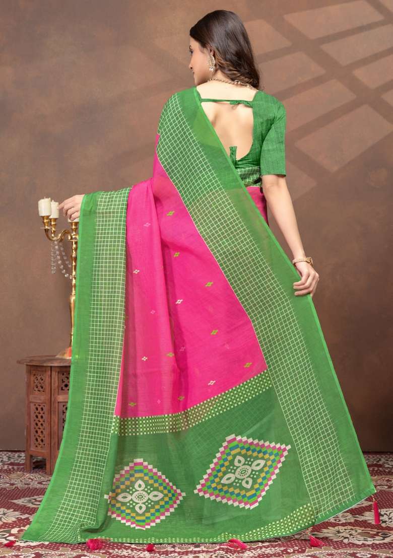 Pink Zari Work Silk Blend Saree Set for Diwali and Festive Wear - Indya