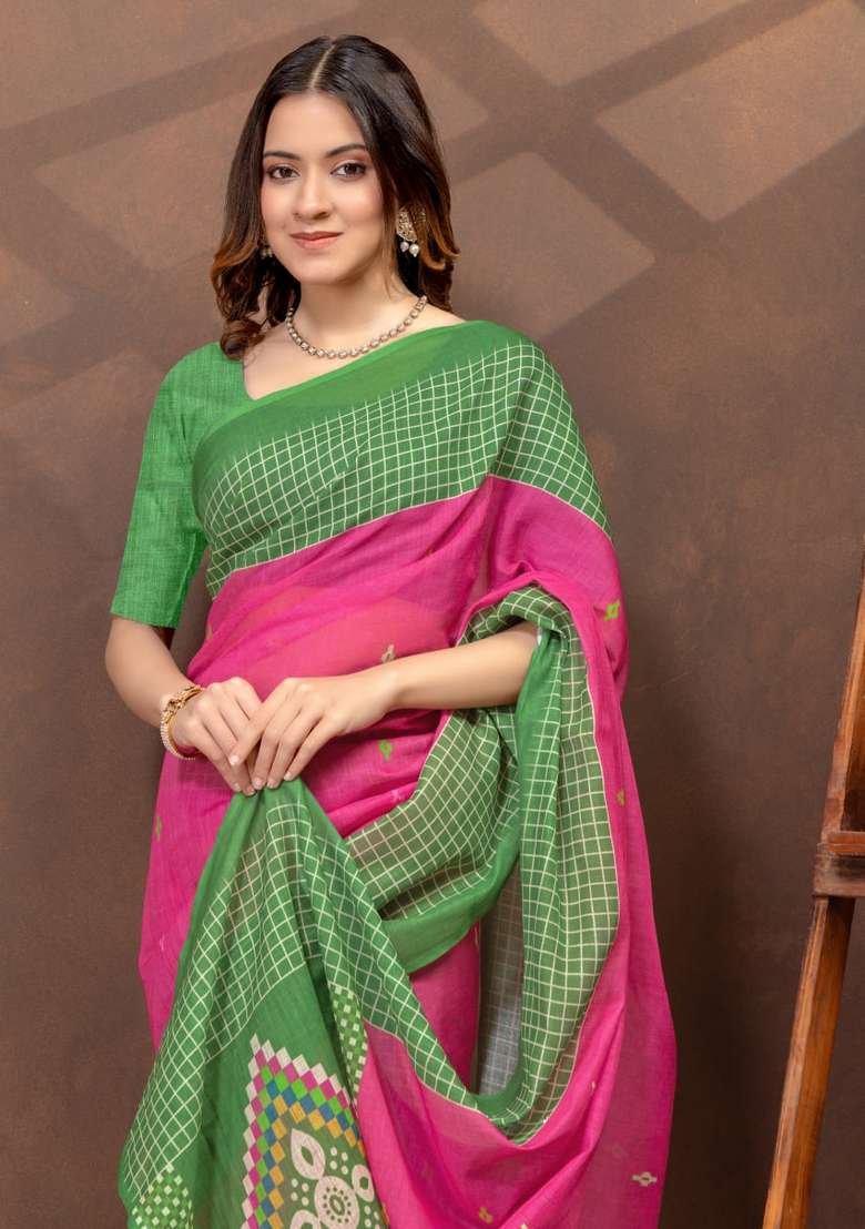 Pink Zari Work Silk Blend Saree Set for Diwali and Festive Wear - Indya