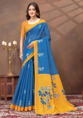 Teal Zari Work Silk Blend Saree Set