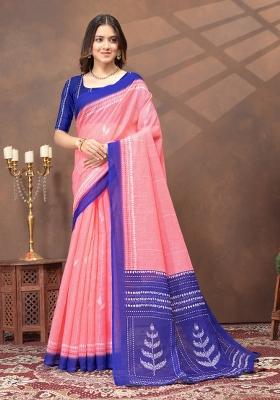 Peach Zari Work Silk Blend Saree Set