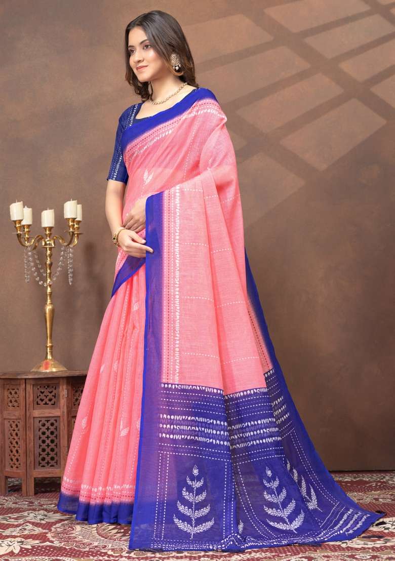 Peach Zari Work Silk Blend Saree Set for Diwali and Festive Wear - Indya