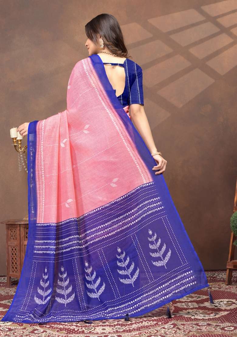 Peach Zari Work Silk Blend Saree Set for Diwali and Festive Wear - Indya