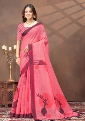 Pink Zari Work Silk Blend Saree Set