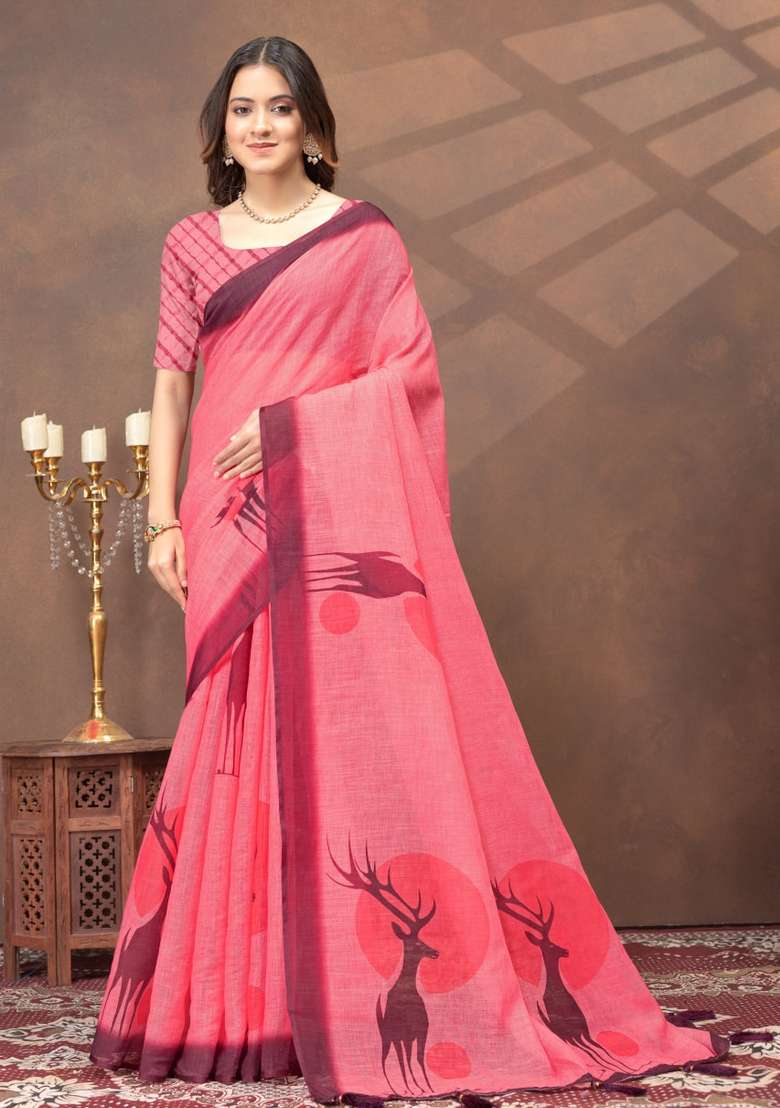 Pink Silk Blend Saree Set with Zari Work for Diwali | Wedding & Festive Wear - Indya