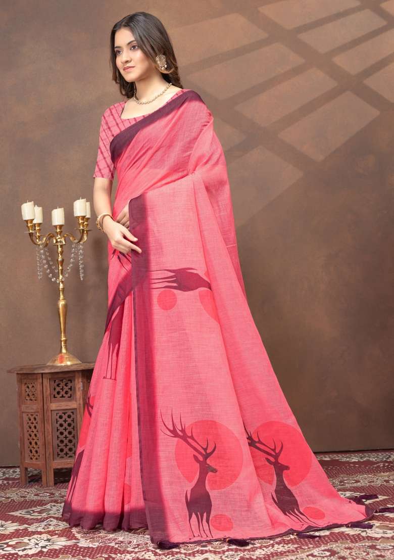 Pink Silk Blend Saree Set with Zari Work for Diwali | Wedding & Festive Wear - Indya