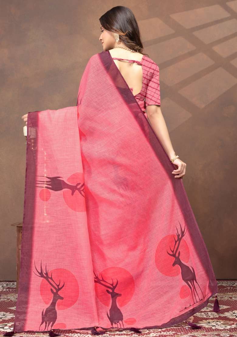 Pink Silk Blend Saree Set with Zari Work for Diwali | Wedding & Festive Wear - Indya