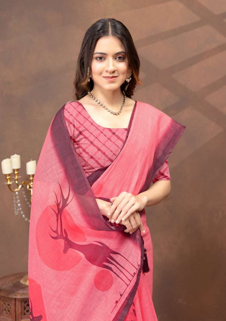 Pink Silk Blend Saree Set with Zari Work for Diwali | Wedding & Festive Wear - Indya