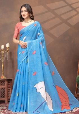 Sky Blue Zari Work Silk Blend Saree Set