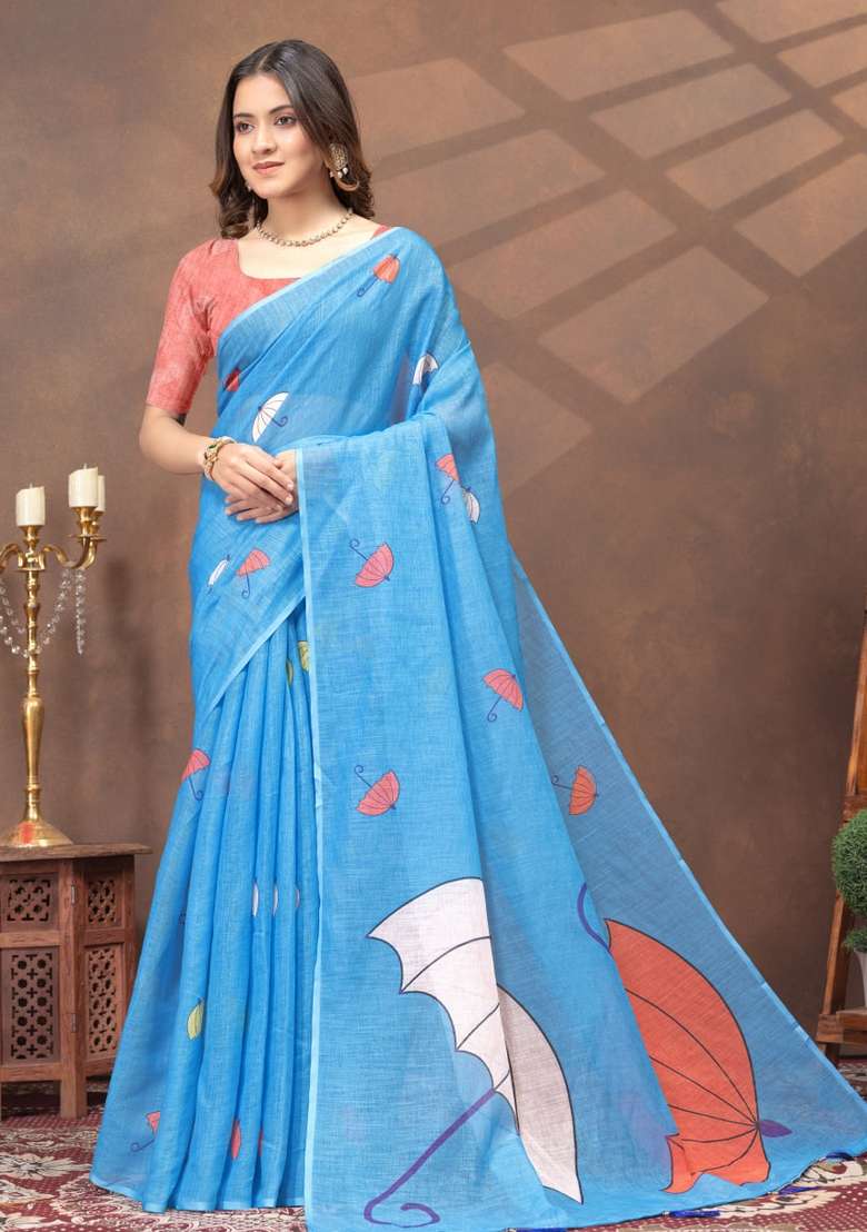Sky Blue Silk Blend Saree Set with Zari Work for Diwali | Wedding & Festive Wear - Indya