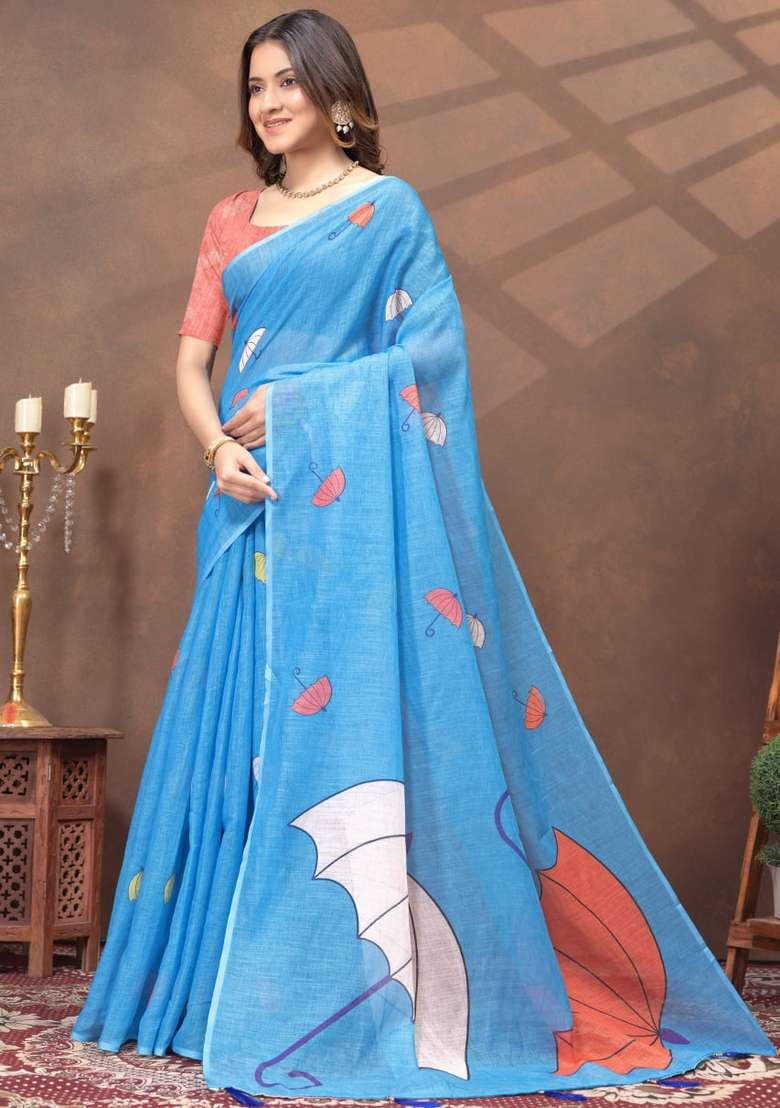 Sky Blue Silk Blend Saree Set with Zari Work for Diwali | Wedding & Festive Wear - Indya