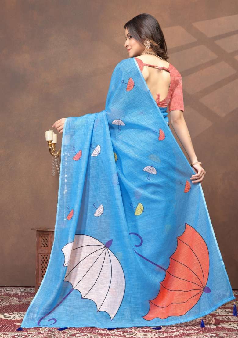 Sky Blue Silk Blend Saree Set with Zari Work for Diwali | Wedding & Festive Wear - Indya