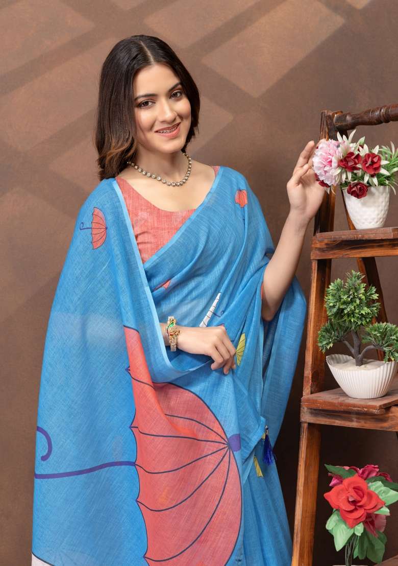 Sky Blue Silk Blend Saree Set with Zari Work for Diwali | Wedding & Festive Wear - Indya