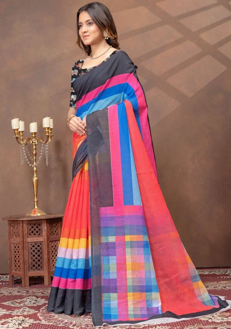 Multicolor Zari Work Silk Blend Saree Set for Diwali and Festive Wear - Indya