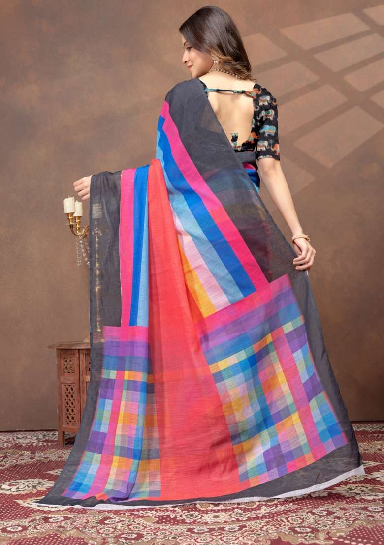 Multicolor Zari Work Silk Blend Saree Set for Diwali and Festive Wear - Indya