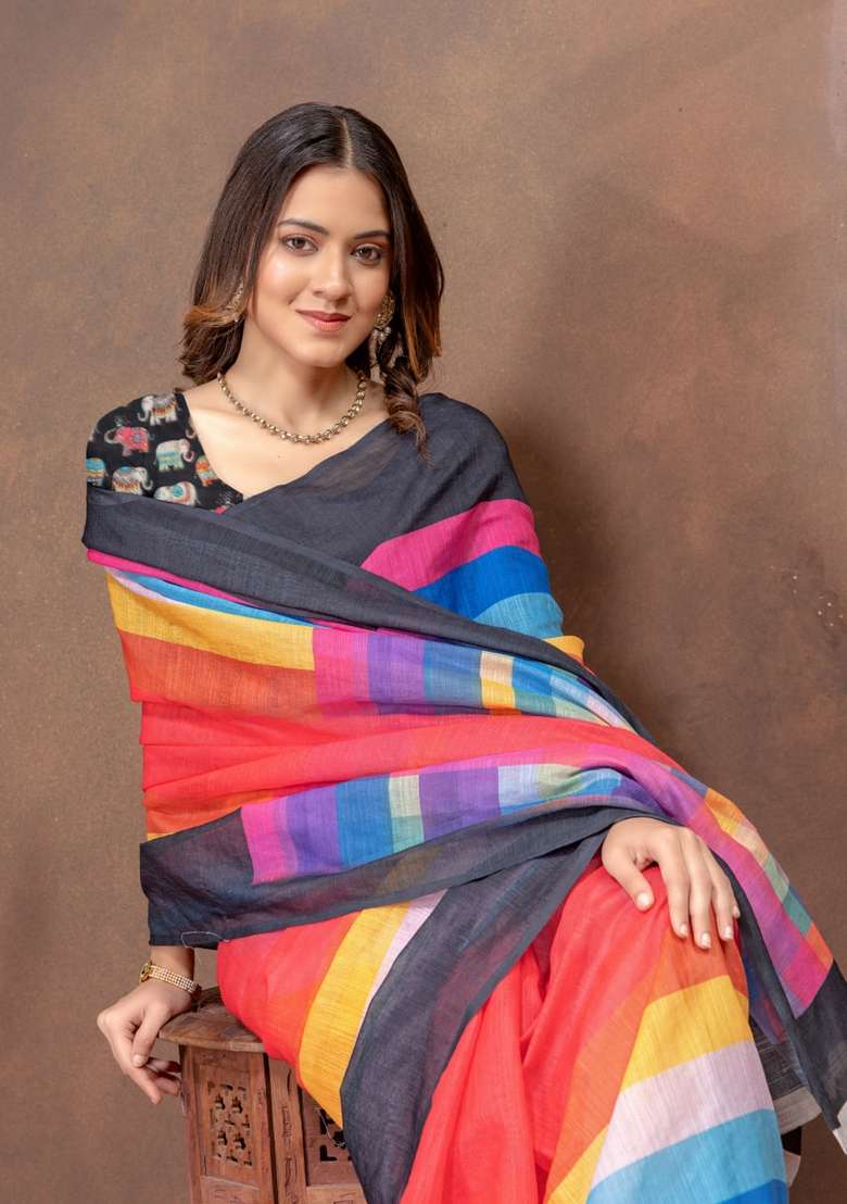 Multicolor Zari Work Silk Blend Saree Set for Diwali and Festive Wear - Indya