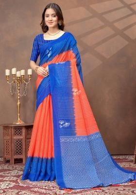 Orange Zari Work Silk Blend Saree Set