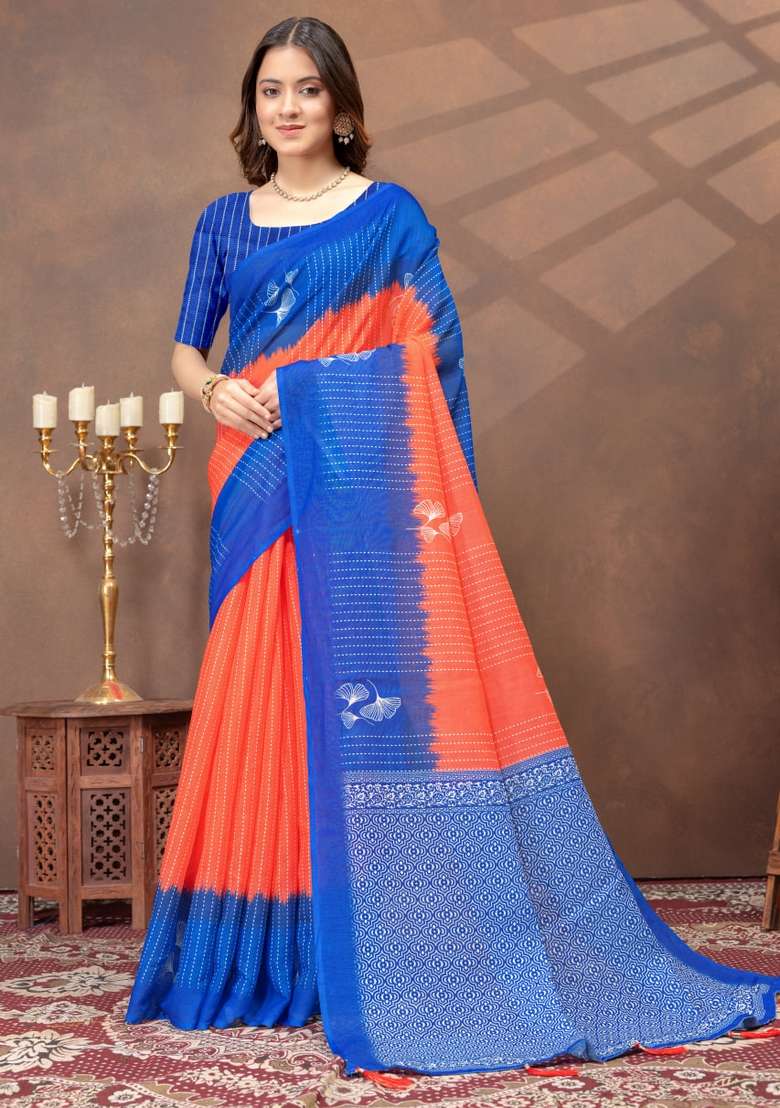 Orange Zari Work Silk Blend Saree Set for Diwali and Festive Wear - Indya