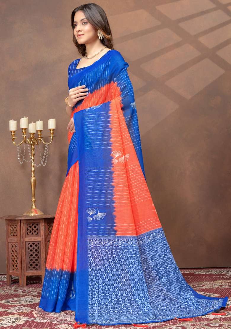 Orange Zari Work Silk Blend Saree Set for Diwali and Festive Wear - Indya
