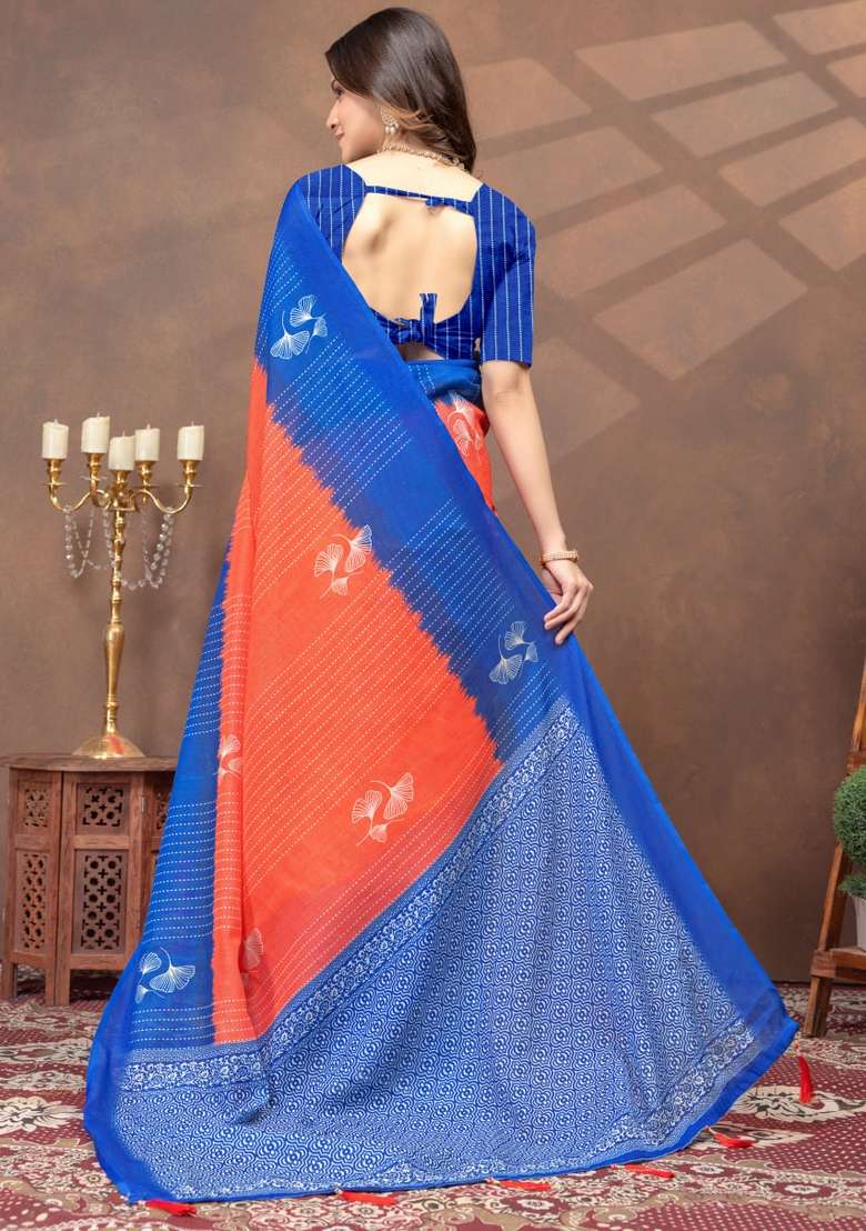 Orange Zari Work Silk Blend Saree Set for Diwali and Festive Wear - Indya