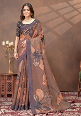 Brown Zari Work Silk Blend Saree Set