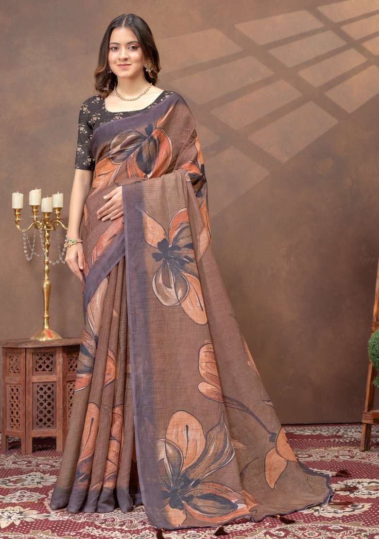 Brown Zari Work Silk Blend Saree Set for Diwali and Festive Wear - Indya
