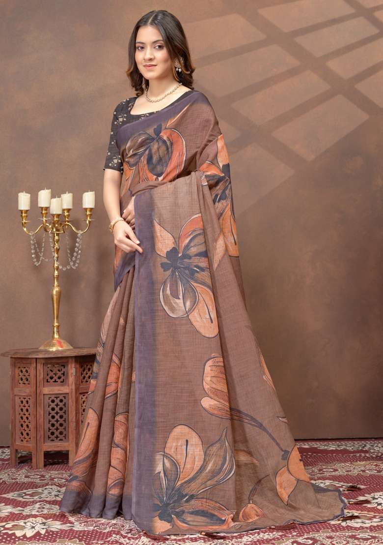 Brown Zari Work Silk Blend Saree Set for Diwali and Festive Wear - Indya