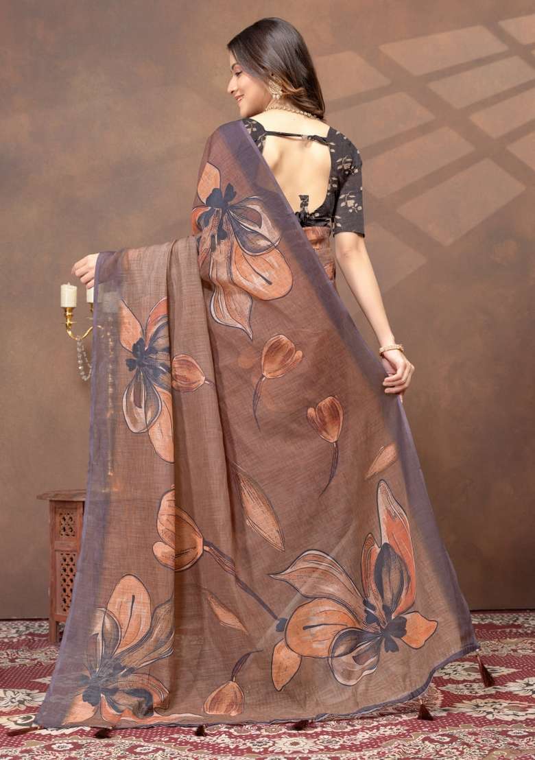 Brown Zari Work Silk Blend Saree Set for Diwali and Festive Wear - Indya