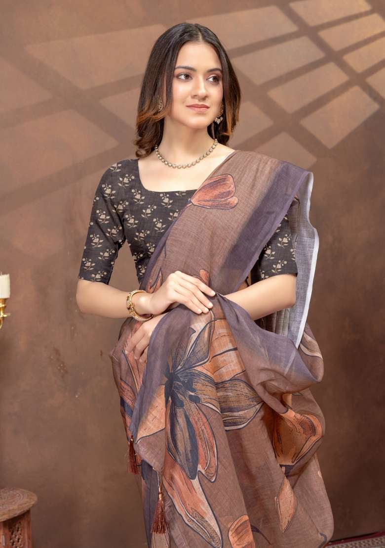 Brown Zari Work Silk Blend Saree Set for Diwali and Festive Wear - Indya