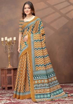 Mustard Zari Work Silk Blend Saree Set