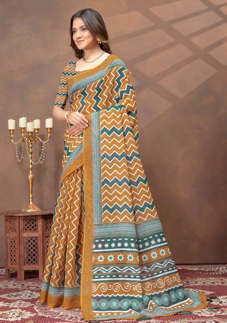 Mustard Zari Work Silk Blend Saree Set for Diwali and Festive Wear - Indya