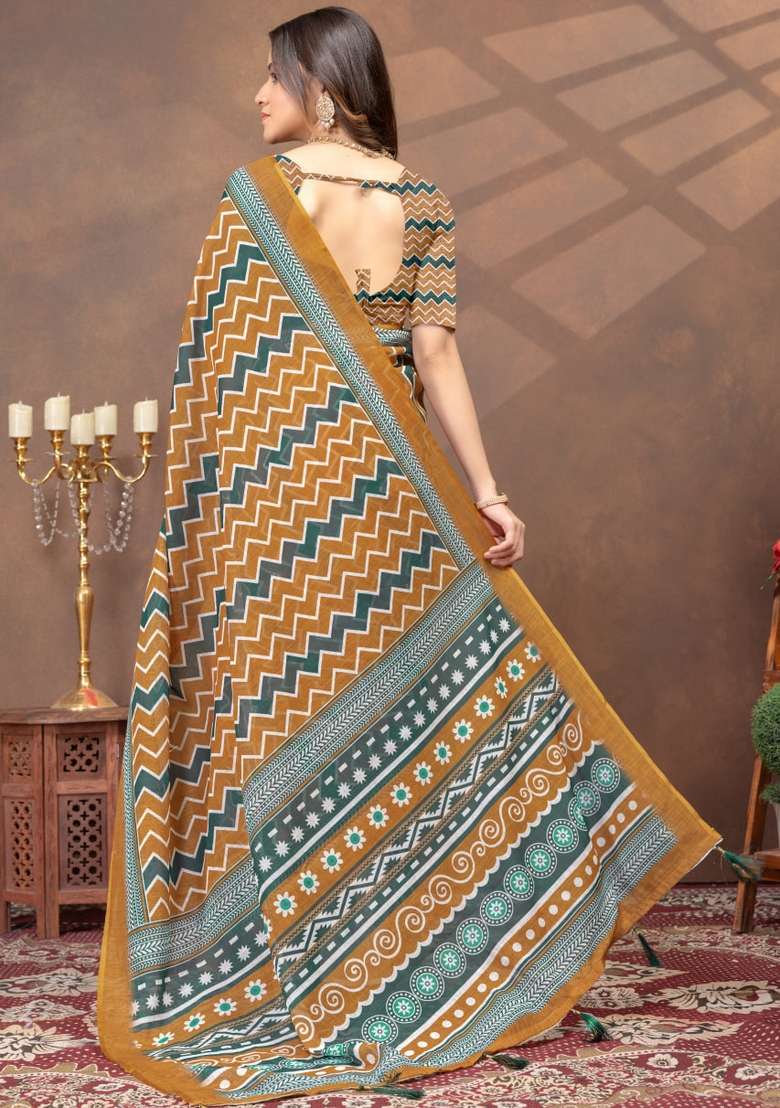 Mustard Zari Work Silk Blend Saree Set for Diwali and Festive Wear - Indya