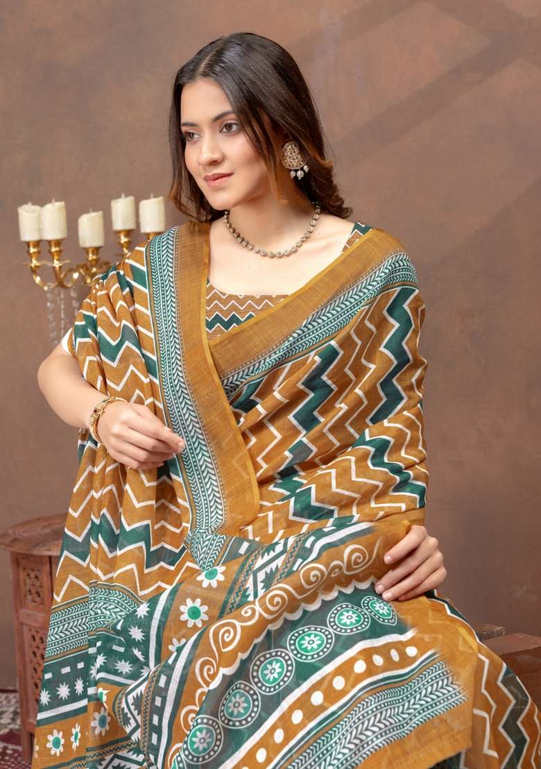 Mustard Zari Work Silk Blend Saree Set for Diwali and Festive Wear - Indya